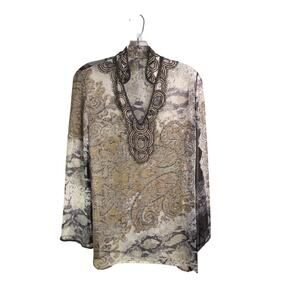 Womens Tunic Top Cream‎ Brown Silk Faded Paisley Beaded VNeck Boho Peasant